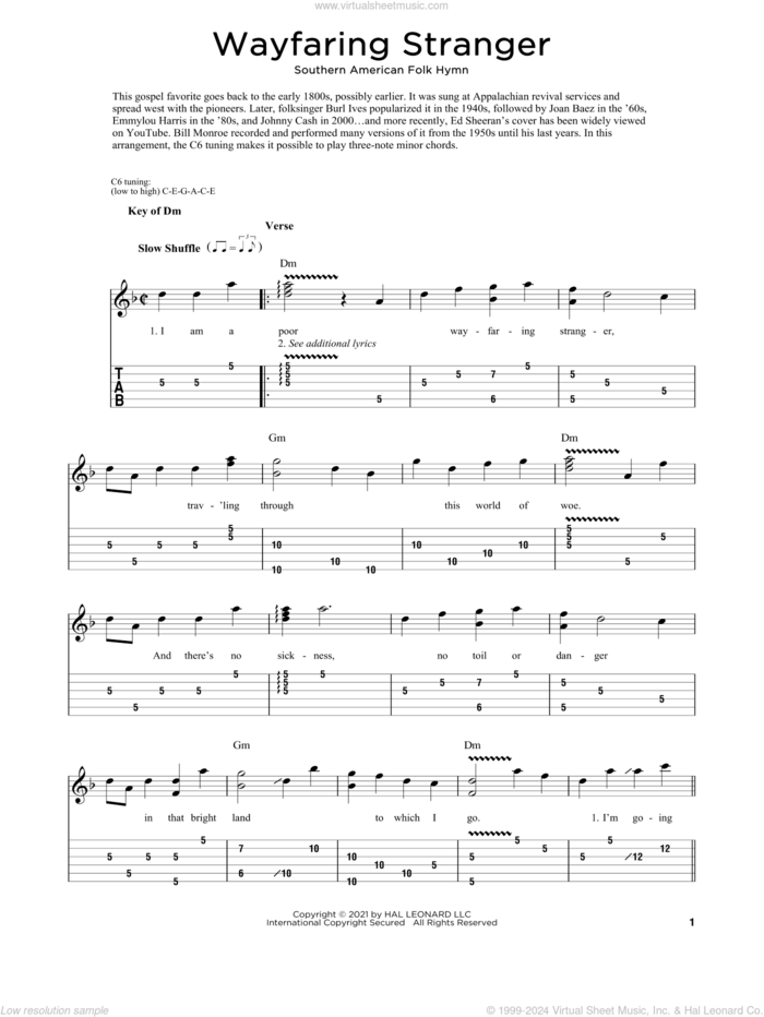 Wayfaring Stranger sheet music for dobro solo  and Fred Sokolow, easy skill level