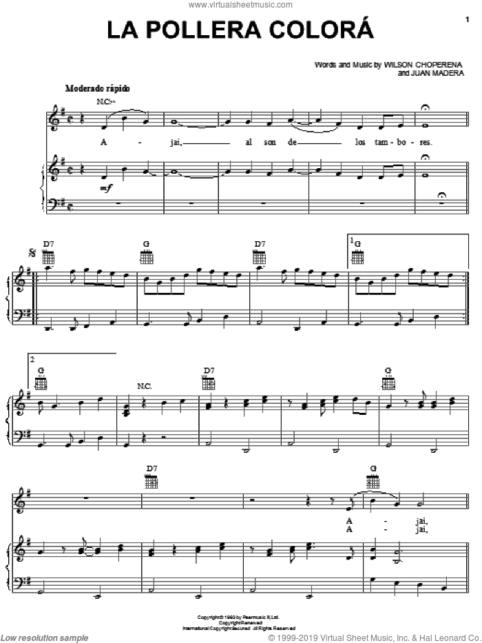 La Pollera Colora sheet music for voice, piano or guitar by Wilson Choperena and Juan Madera, intermediate skill level