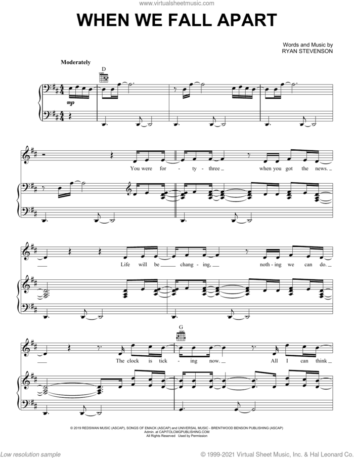 When We Fall Apart sheet music for voice, piano or guitar by Ryan Stevenson, intermediate skill level