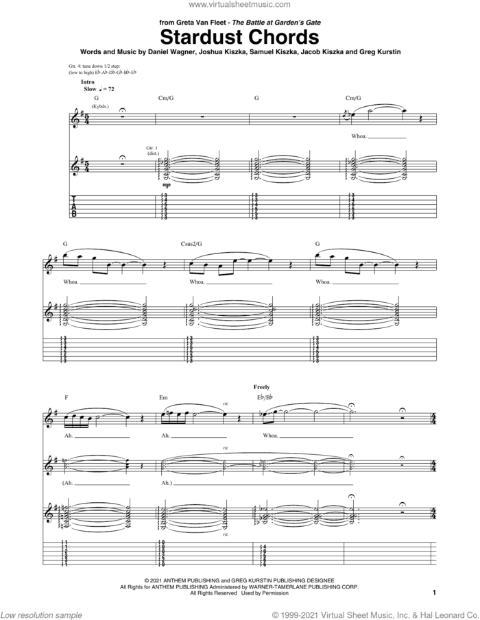 Stardust Chords sheet music for guitar (tablature) by Greta Van Fleet, Daniel Wagner, Greg Kurstin, Jacob Kiszka, Joshua Kiszka and Samuel Kiszka, intermediate skill level