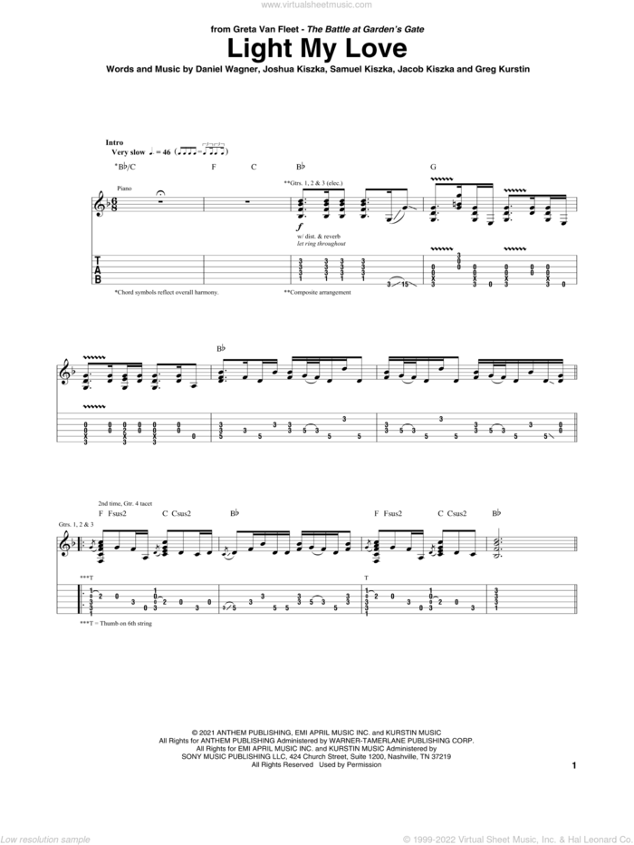 Light My Love sheet music for guitar (tablature) by Greta Van Fleet, Daniel Wagner, Greg Kurstin, Jacob Kiszka, Joshua Kiszka and Samuel Kiszka, intermediate skill level