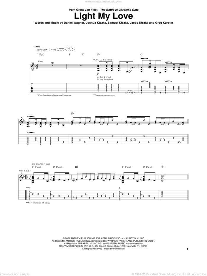 Light My Love sheet music for guitar (tablature) by Greta Van Fleet, Daniel Wagner, Greg Kurstin, Jacob Kiszka, Joshua Kiszka and Samuel Kiszka, intermediate skill level