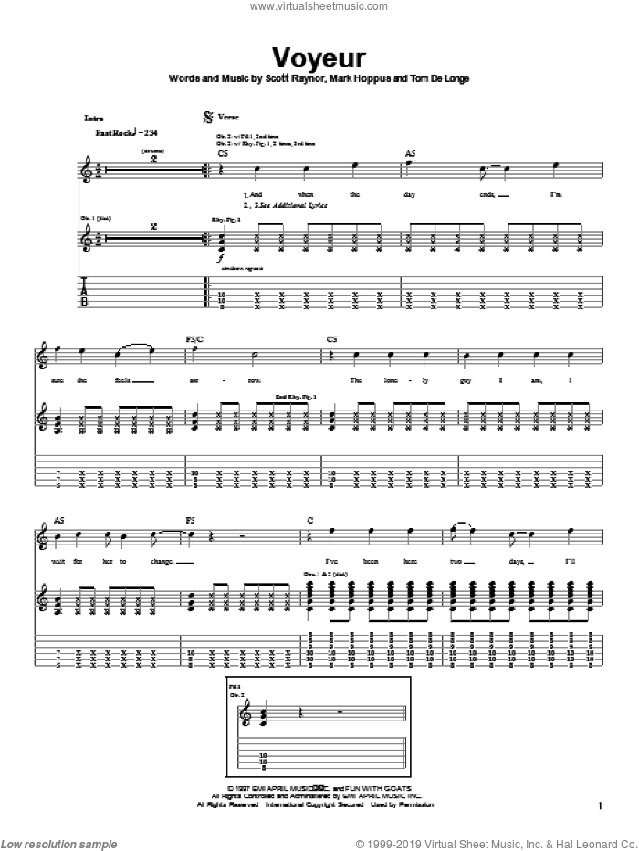 Voyeur sheet music for guitar (tablature) by Blink-182, Mark Hoppus, Scott Raynor and Tom DeLonge, intermediate skill level