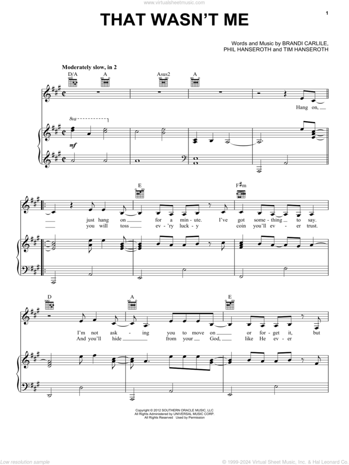That Wasn't Me sheet music for voice, piano or guitar by Brandi Carlile, Phillip Hanseroth and Timothy Jay Hanseroth, intermediate skill level