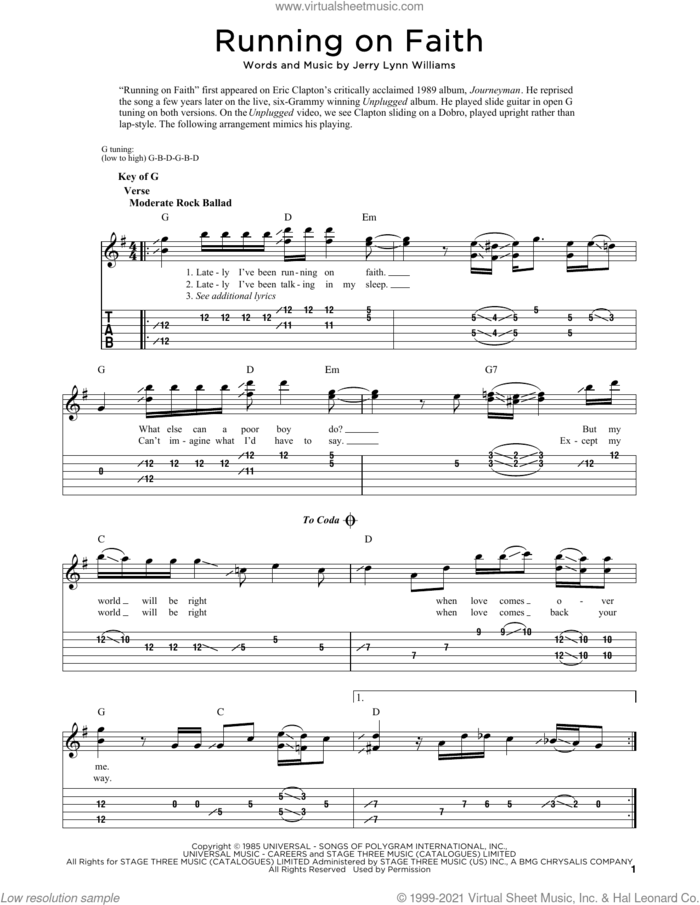 Running On Faith sheet music for dobro solo by Eric Clapton, Fred Sokolow and Jerry Lynn Williams, easy skill level