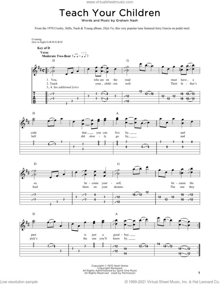 Teach Your Children sheet music for dobro solo by Crosby, Stills, Nash & Young, Fred Sokolow and Graham Nash, easy skill level
