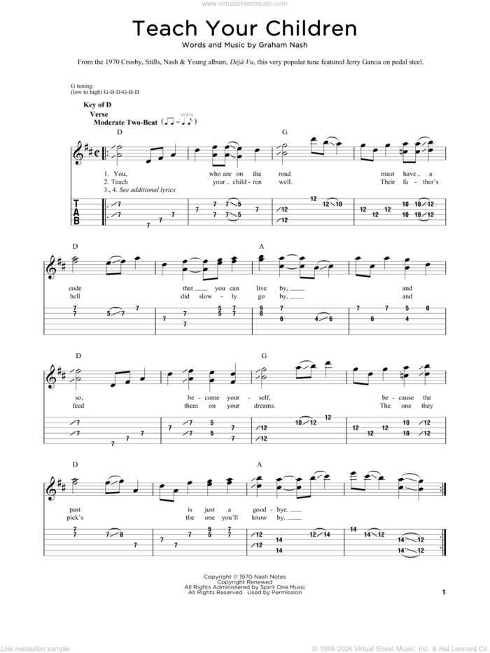 Teach Your Children sheet music for dobro solo by Crosby, Stills, Nash & Young, Fred Sokolow and Graham Nash, easy skill level