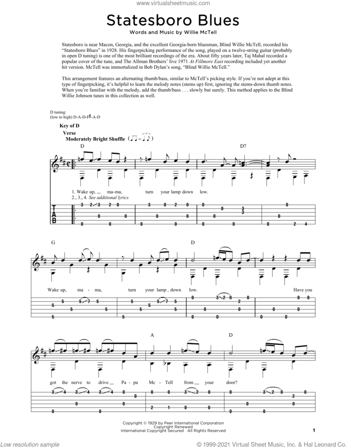 Statesboro Blues sheet music for dobro solo by The Allman Brothers Band, Fred Sokolow and Willie McTell, easy skill level