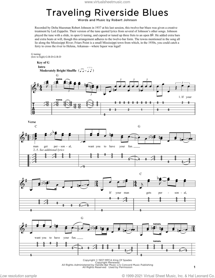 Traveling Riverside Blues sheet music for dobro solo by Robert Johnson and Fred Sokolow, easy skill level