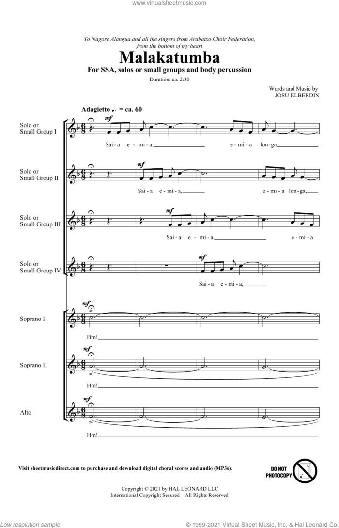 Malakatumba sheet music for choir (SSA: soprano, alto) by Josu Elberdin, intermediate skill level