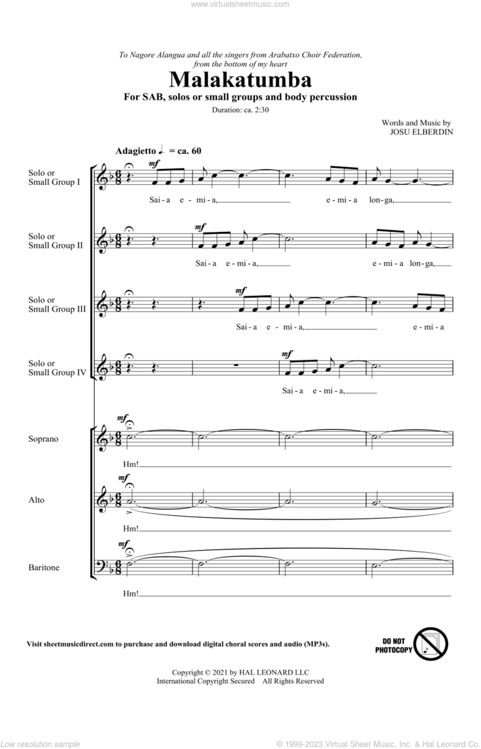 Malakatumba sheet music for choir (SAB: soprano, alto, bass) by Josu Elberdin, intermediate skill level