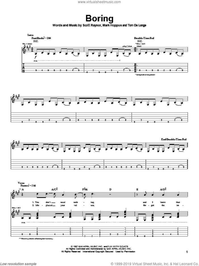 Boring sheet music for guitar (tablature) by Blink-182, Mark Hoppus, Scott Raynor and Tom DeLonge, intermediate skill level