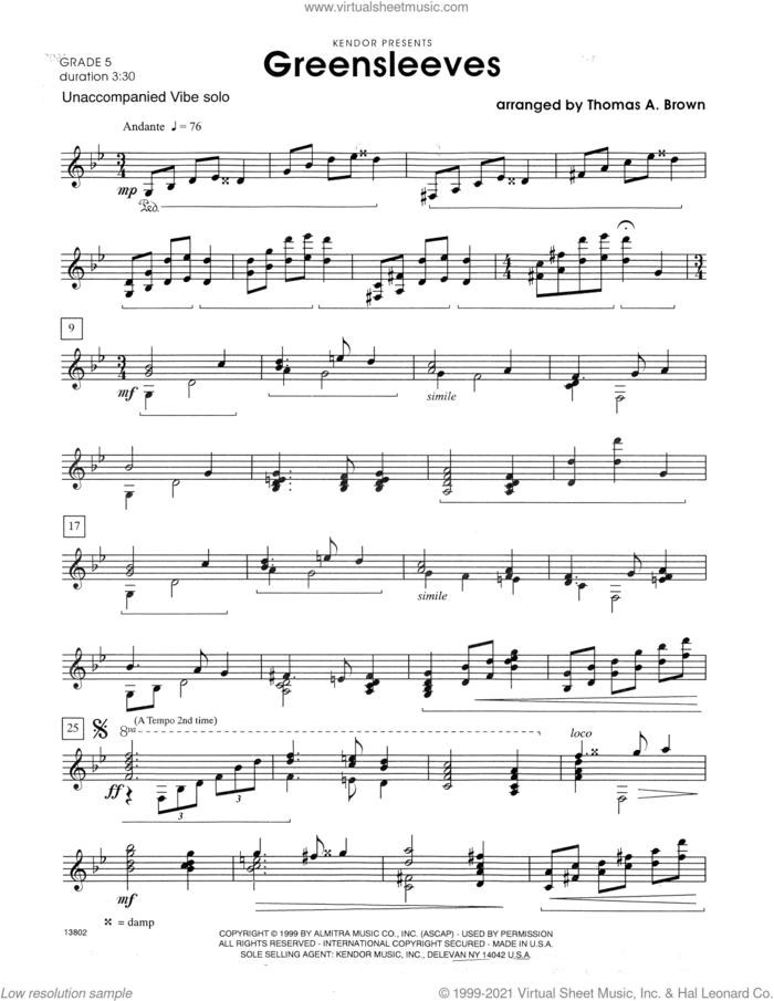 Greensleeves (arr. Thomas A. Brown) sheet music for percussions  and Thomas A. Brown, intermediate skill level
