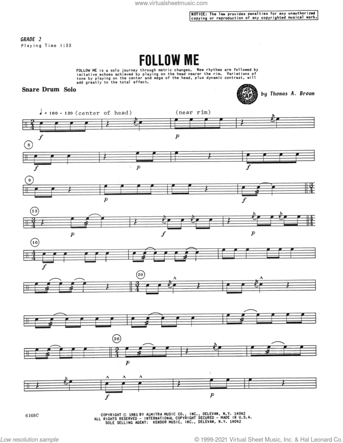Follow Me sheet music for percussions by Thomas A. Brown, intermediate skill level