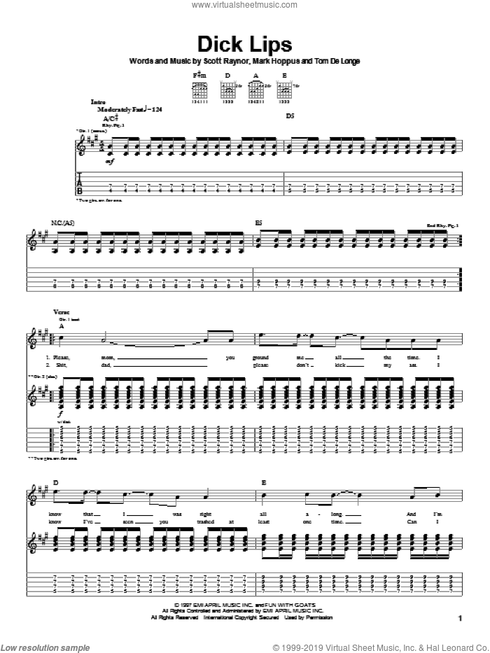 Dick Lips sheet music for guitar (tablature) by Blink-182, Mark Hoppus, Scott Raynor and Tom DeLonge, intermediate skill level