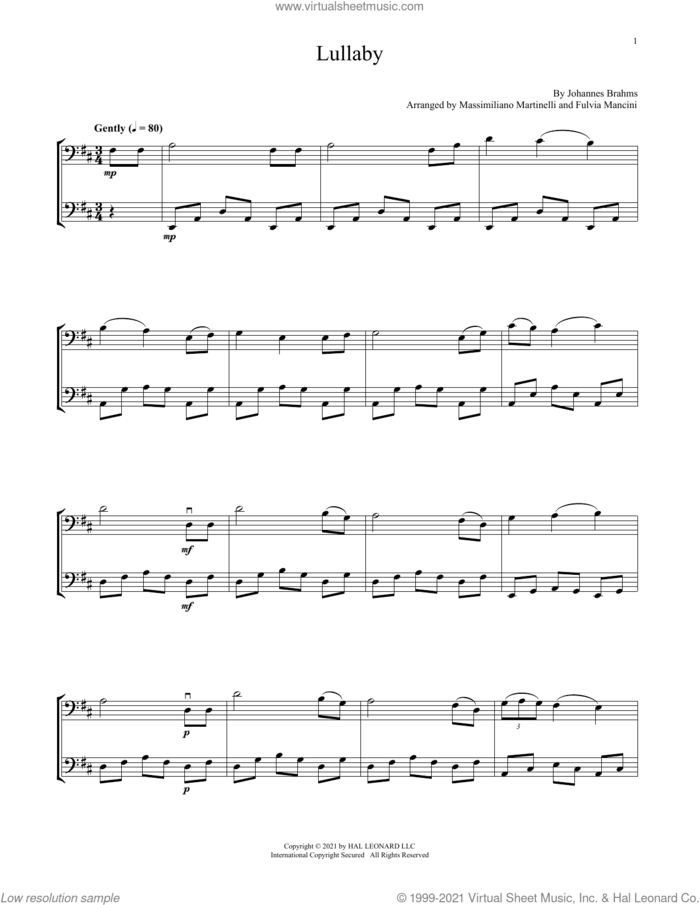 Lullaby sheet music for two cellos (duet, duets) by Johannes Brahms, Fulvia Mancini, Massimiliano Martinelli and Mr. & Mrs. Cello, classical score, intermediate skill level