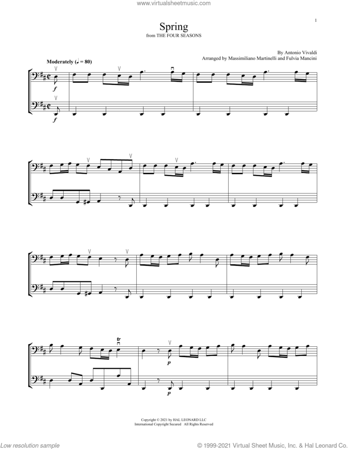 Spring (from The Four Seasons) sheet music for two cellos (duet, duets) by Antonio Vivaldi, Fulvia Mancini, Massimiliano Martinelli and Mr. & Mrs. Cello, classical score, intermediate skill level
