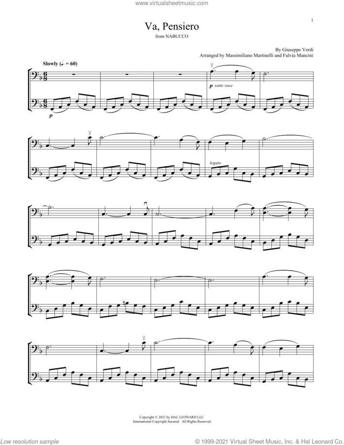 Va, Pensiero (from Nabucco) sheet music for two cellos (duet, duets) by Mr. & Mrs. Cello, Giuseppe Verdi, Massimiliano Martinelli and Fulvia Mancini, classical score, intermediate skill level