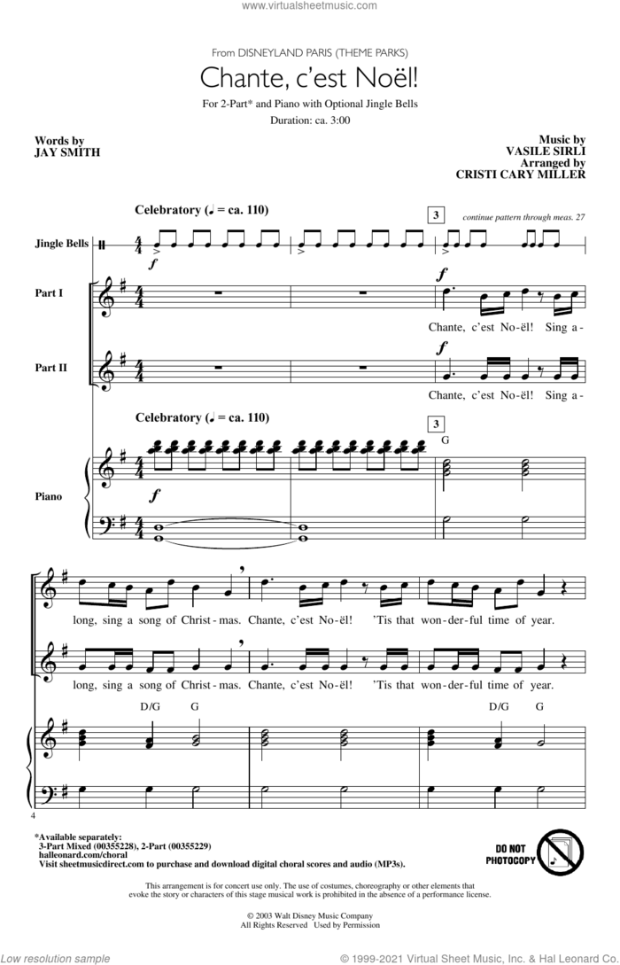 Chante, C'est Noel! (from Disneyland Paris - Theme Parks) (arr. Cristi Cary Miller) sheet music for choir (2-Part) by Jay Smith & Vasile Sirli, Cristi Cary Miller, Vasile Sirli and Jay Smith, intermediate duet