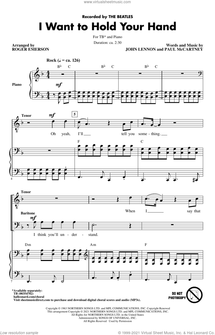 I Want To Hold Your Hand (arr. Roger Emerson) sheet music for choir (TB: tenor, bass) by The Beatles, Roger Emerson, John Lennon and Paul McCartney, intermediate skill level