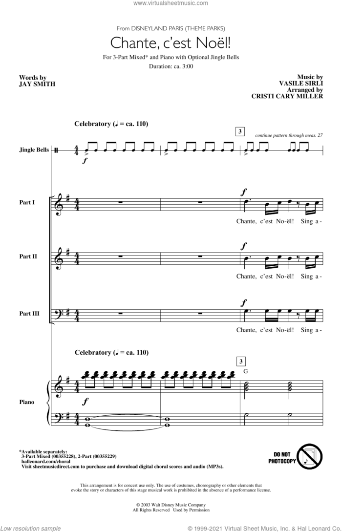 Chante, C'est Noel! (from Disneyland Paris - Theme Parks) (arr. Cristi Cary Miller) sheet music for choir (3-Part Mixed) by Jay Smith & Vasile Sirli, Cristi Cary Miller, Vasile Sirli and Jay Smith, intermediate skill level