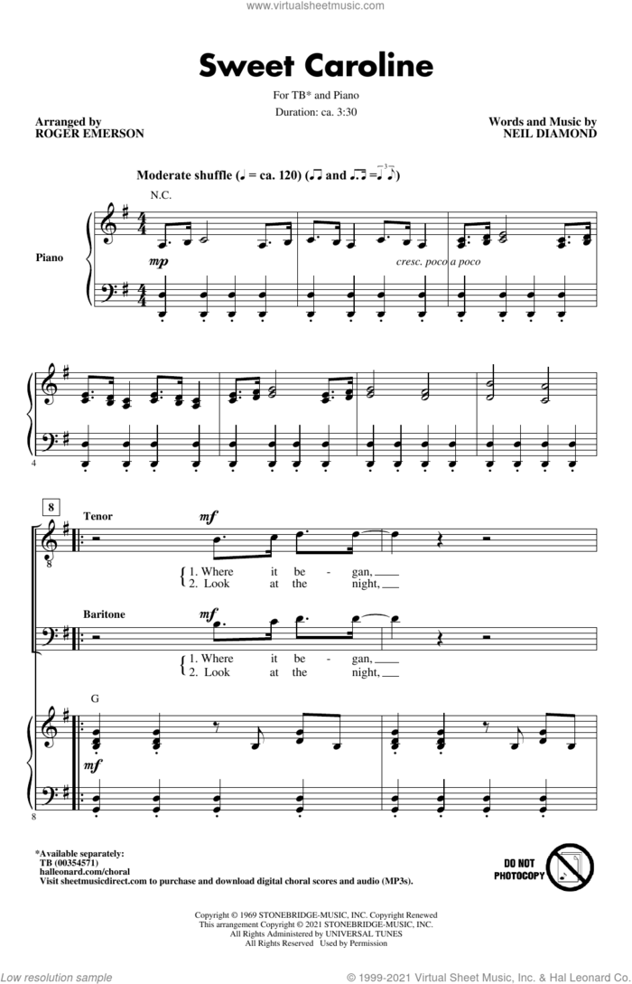 Sweet Caroline (arr. Roger Emerson) sheet music for choir (TB: tenor, bass) by Neil Diamond and Roger Emerson, intermediate skill level