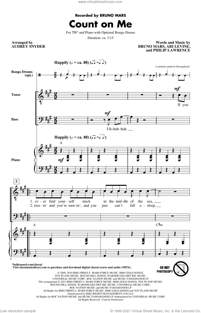 Count On Me (arr. Audrey Snyder) sheet music for choir (TB: tenor, bass) by Bruno Mars, Audrey Snyder, Ari Levine and Philip Lawrence, intermediate skill level