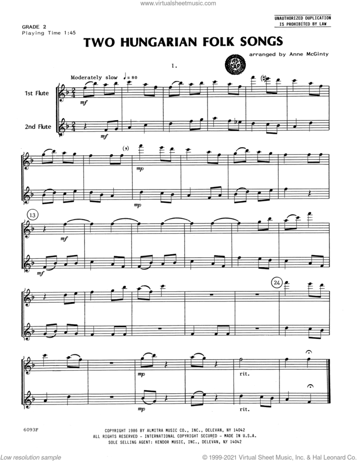 Two Hungarian Folk Songs sheet music for two flutes by Anne McGuinty and Miscellaneous, intermediate duet