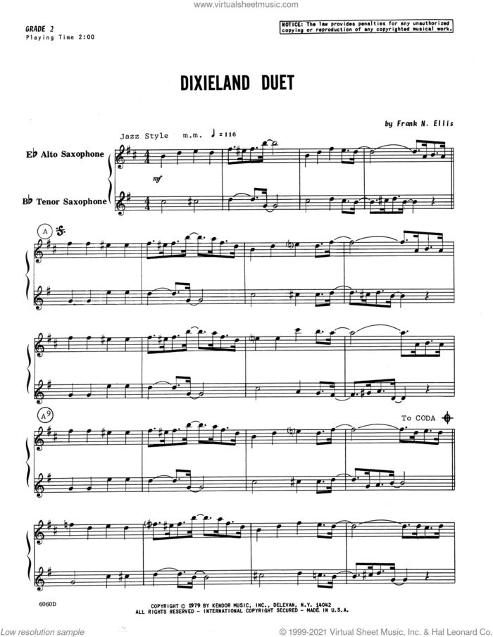 Dixieland Duet (COMPLETE) sheet music for two saxophones by Frank N. Ellis, intermediate duet