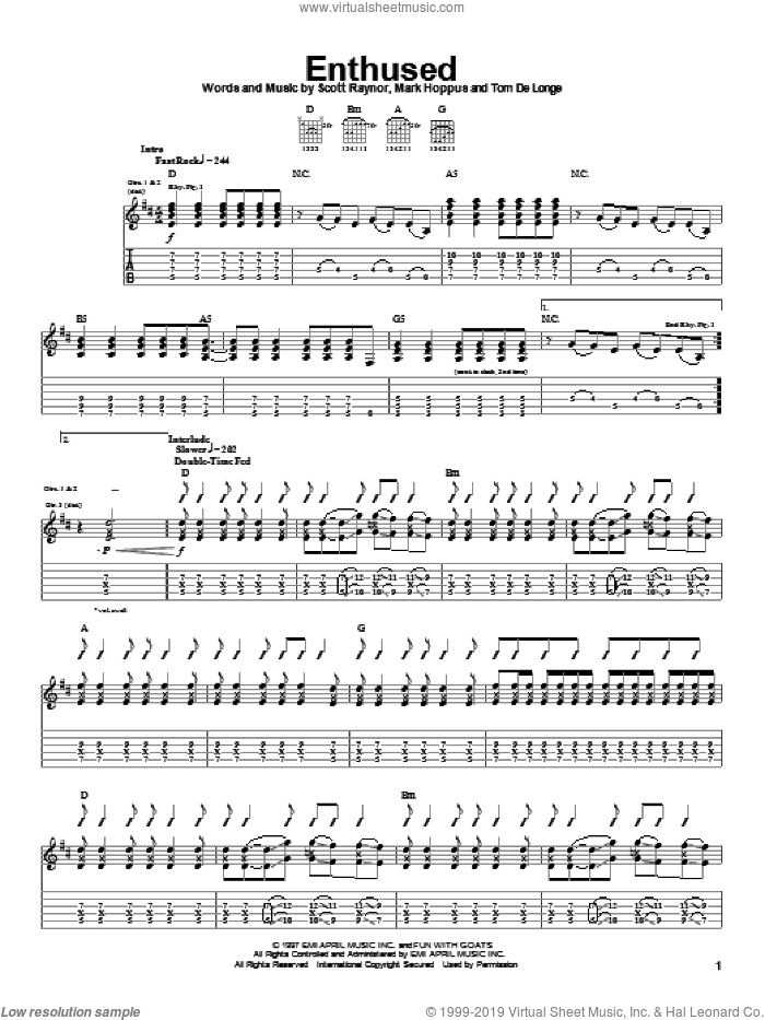 Enthused sheet music for guitar (tablature) by Blink-182, Mark Hoppus, Scott Raynor and Tom DeLonge, intermediate skill level