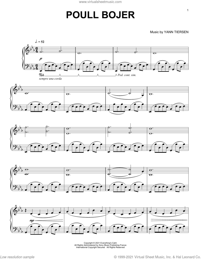 Poull Bojer sheet music for piano solo by Yann Tiersen, intermediate skill level