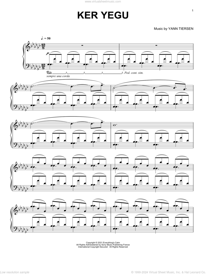 Ker Yegu sheet music for piano solo by Yann Tiersen, intermediate skill level