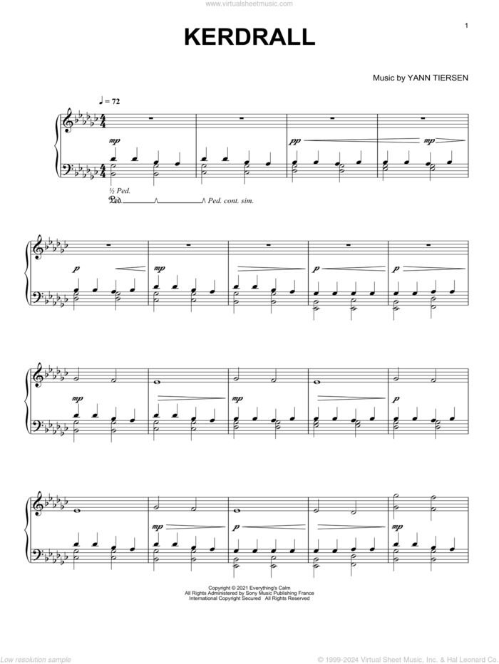 Kerdrall sheet music for piano solo by Yann Tiersen, intermediate skill level