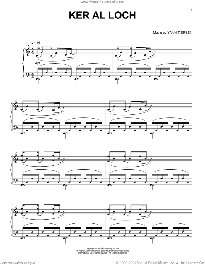 Ker Al Loch sheet music for piano solo by Yann Tiersen, intermediate skill level