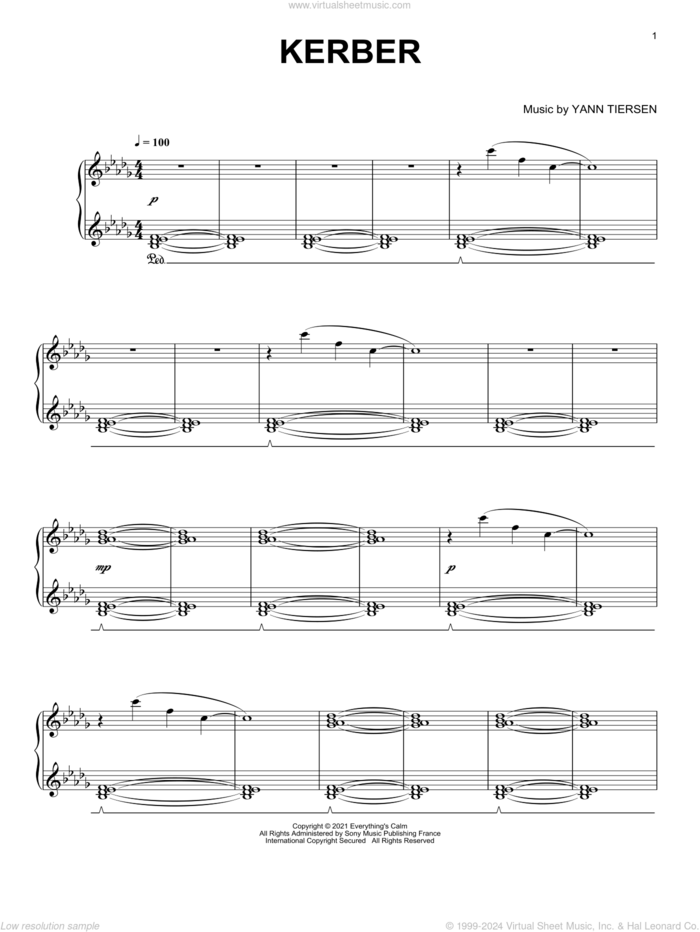 Kerber sheet music for piano solo by Yann Tiersen, intermediate skill level