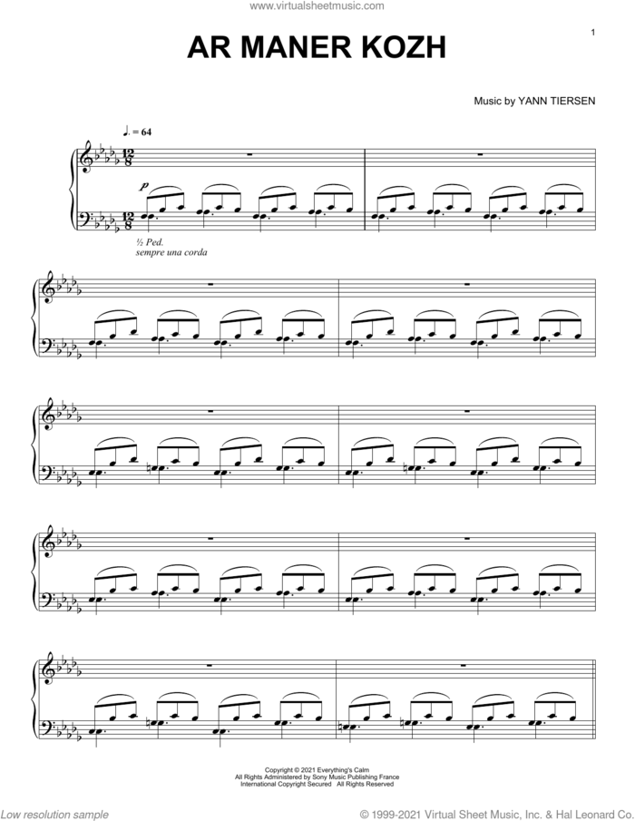 Ar Maner Kozh sheet music for piano solo by Yann Tiersen, intermediate skill level