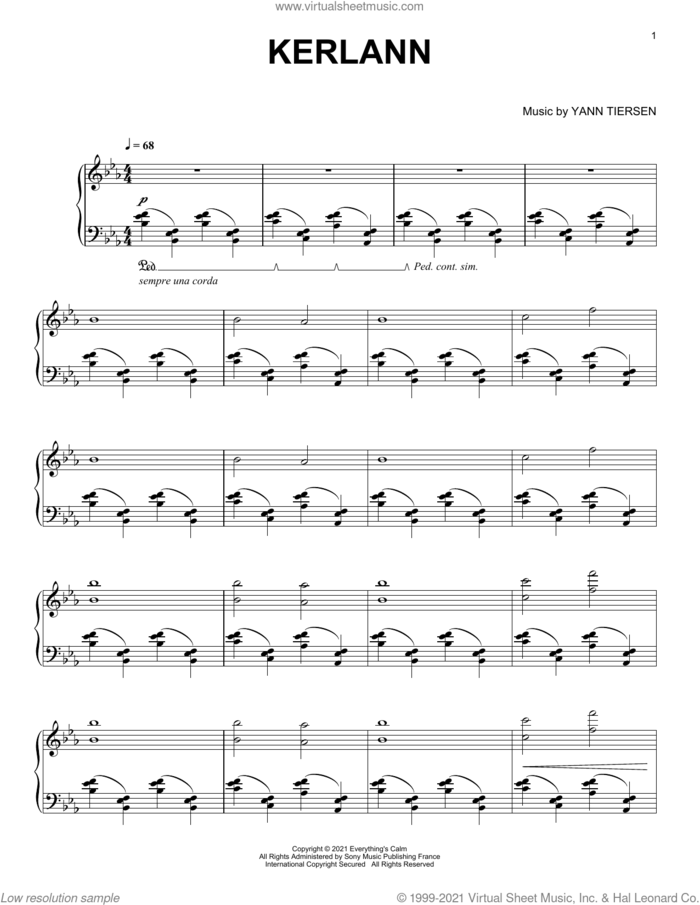 Kerlann sheet music for piano solo by Yann Tiersen, intermediate skill level