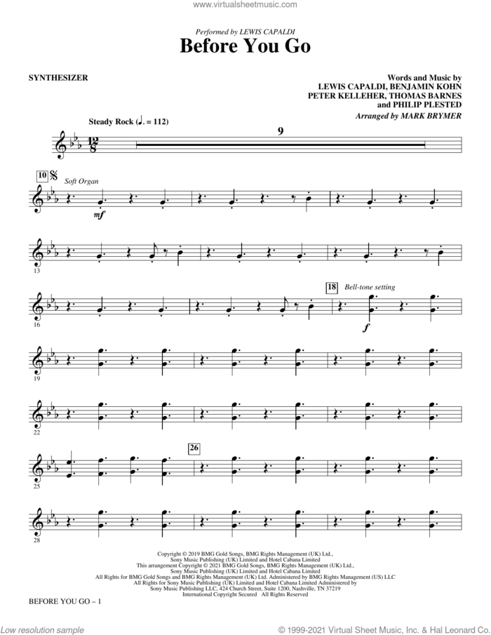 Before You Go (arr. Mark Brymer) (complete set of parts) sheet music for orchestra/band by Mark Brymer, Benjamin Kohn, Lewis Capaldi, Peter Kelleher, Philip Plested and Thomas Barnes, intermediate skill level