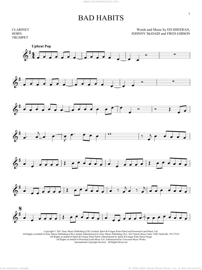 Bad Habits sheet music for Solo Instrument (treble clef low) by Ed Sheeran, Fred Gibson and Johnny McDaid, intermediate skill level