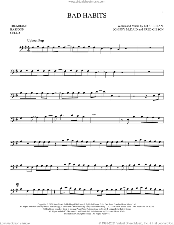 Bad Habits sheet music for Solo Instrument (bass clef) by Ed Sheeran, Fred Gibson and Johnny McDaid, intermediate skill level