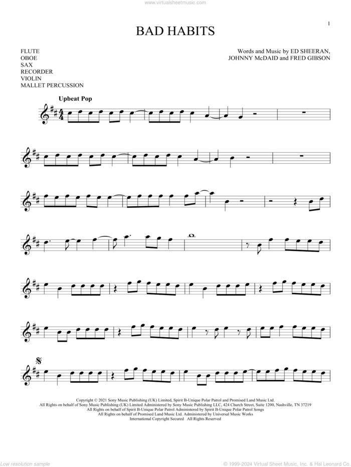 Bad Habits sheet music for Solo Instrument (treble clef high) by Ed Sheeran, Fred Gibson and Johnny McDaid, intermediate skill level