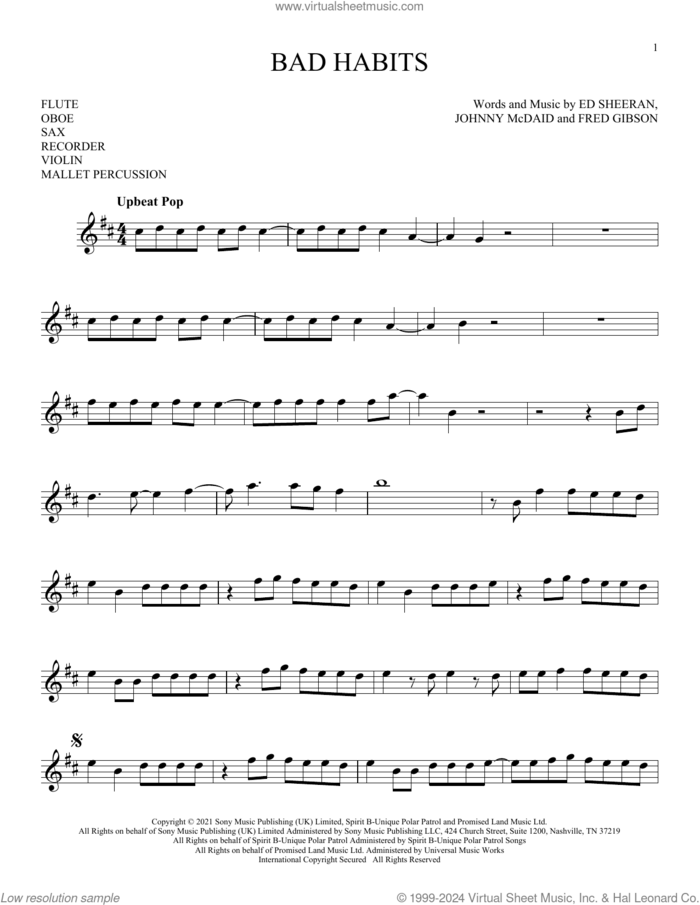 Bad Habits sheet music for Solo Instrument (treble clef high) by Ed Sheeran, Fred Gibson and Johnny McDaid, intermediate skill level