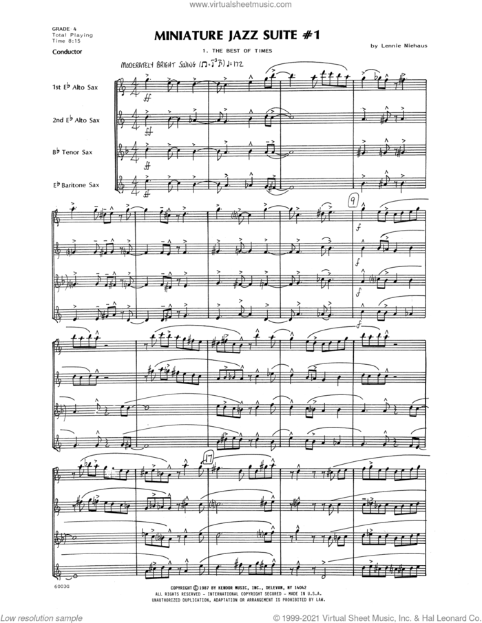 Miniature Jazz Suite #1 (COMPLETE) sheet music for saxophone quartet by Lennie Niehaus, intermediate skill level