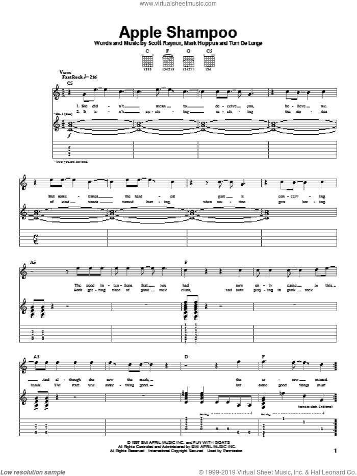 Apple Shampoo sheet music for guitar (tablature) by Blink-182, Mark Hoppus, Scott Raynor and Tom DeLonge, intermediate skill level