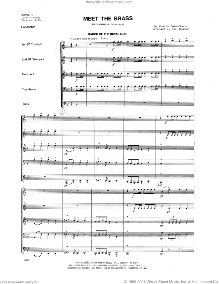 Meet The Brass (from Carnival Of The Animals) (arr. Karl Kramer) (COMPLETE) sheet music for brass quintet by Camille Saint-Saens and Karl Kramer, classical score, intermediate skill level