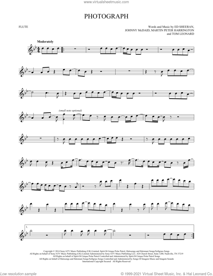 Photograph sheet music for flute solo by Ed Sheeran, Johnny McDaid, Martin Peter Harrington and Tom Leonard, intermediate skill level