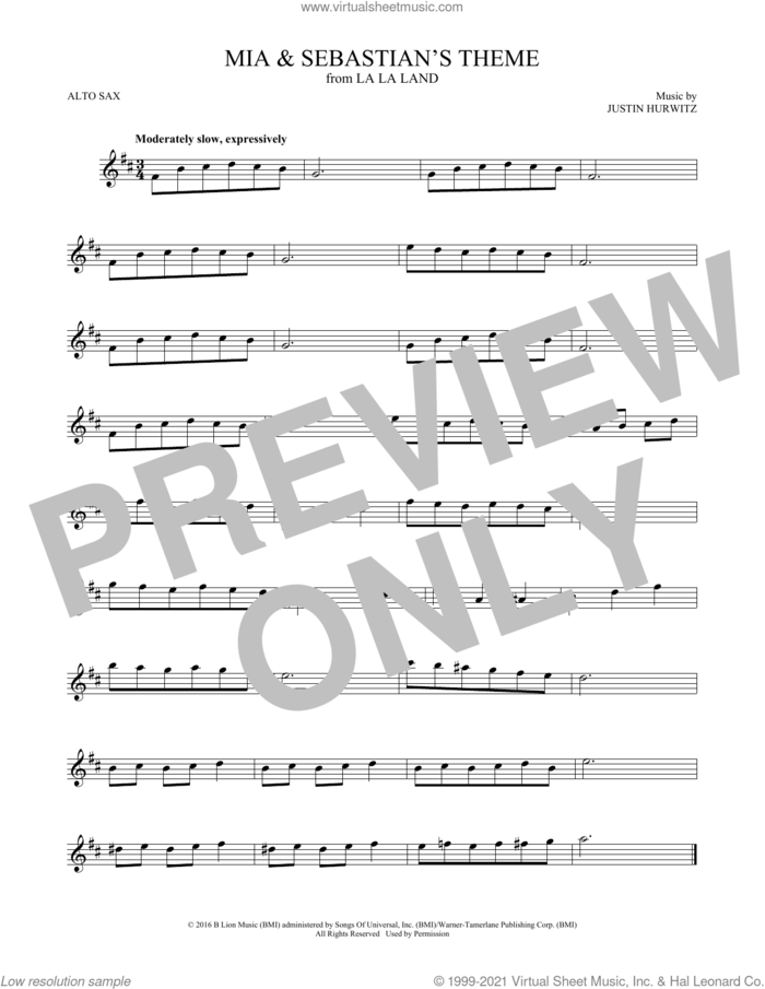 Mia and Sebastian's Theme (from La La Land) sheet music for alto saxophone solo by Justin Hurwitz, intermediate skill level