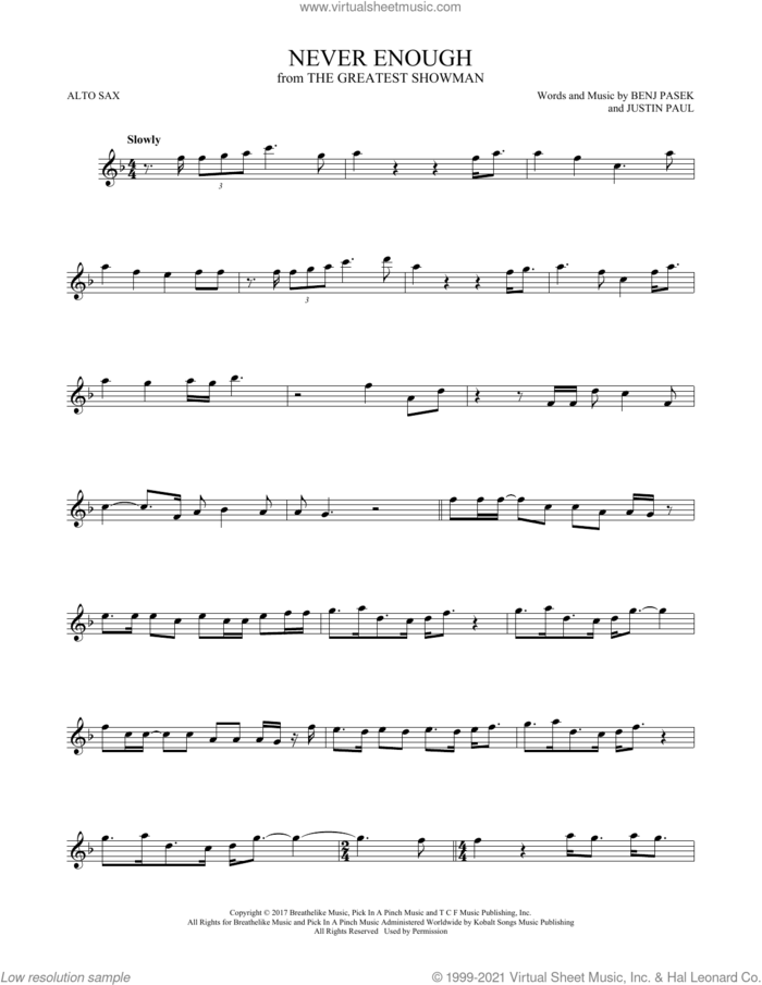 Never Enough (from The Greatest Showman) sheet music for alto saxophone solo by Pasek & Paul, Benj Pasek and Justin Paul, intermediate skill level