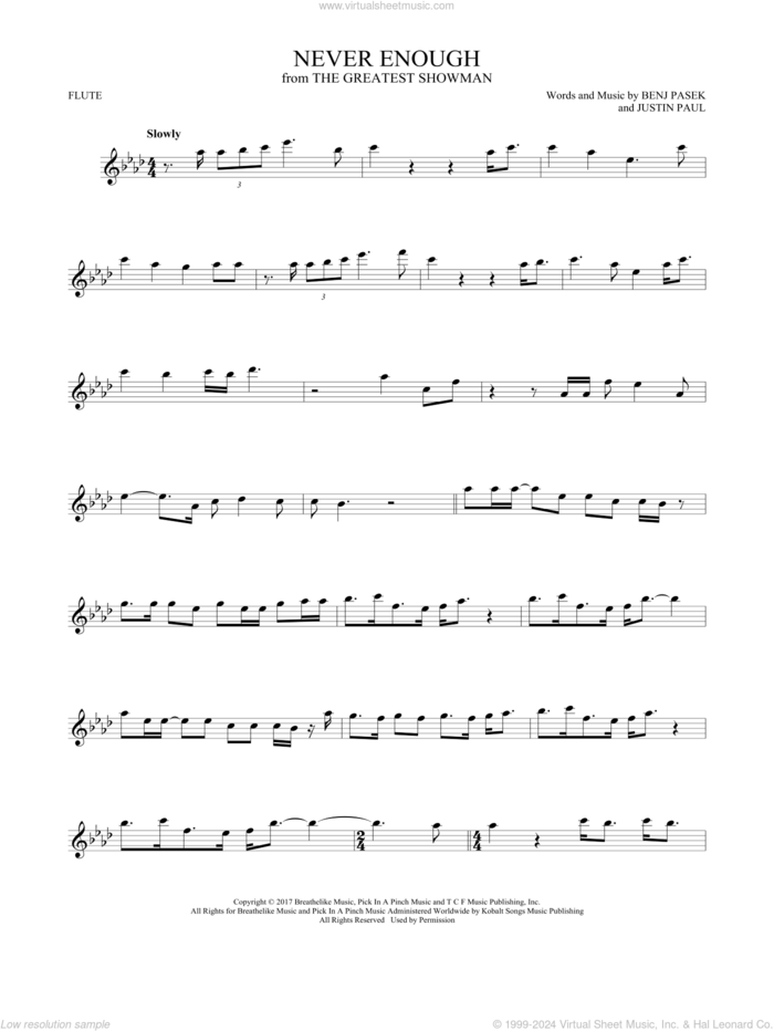 Never Enough (from The Greatest Showman) sheet music for flute solo by Pasek & Paul, Benj Pasek and Justin Paul, intermediate skill level