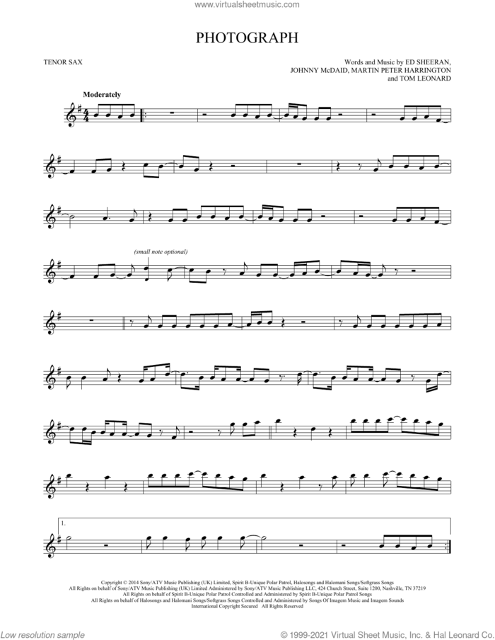 Photograph sheet music for tenor saxophone solo by Ed Sheeran, Johnny McDaid, Martin Peter Harrington and Tom Leonard, intermediate skill level